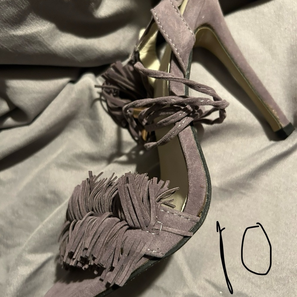 Grey suede heel ties around ankle